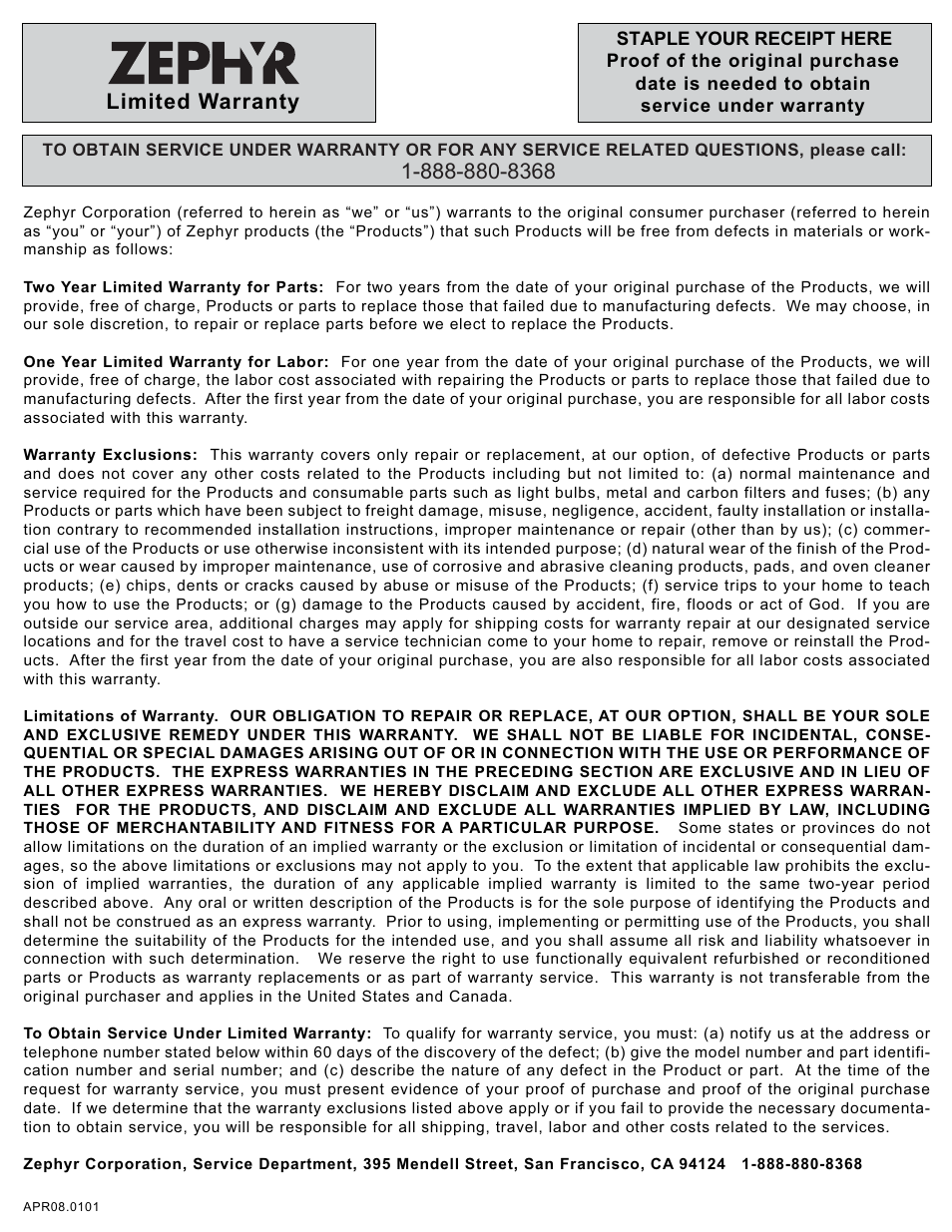 Limited warranty | Zephyr ZTO-M795 User Manual | Page 16 / 17