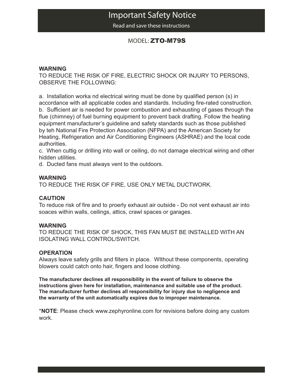 Mportant | Zephyr ZTO-M795 User Manual | Page 2 / 17