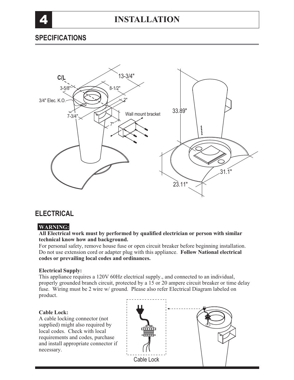 Installation, Specifications electrical | Zephyr ZTO-M795 User Manual | Page 7 / 17