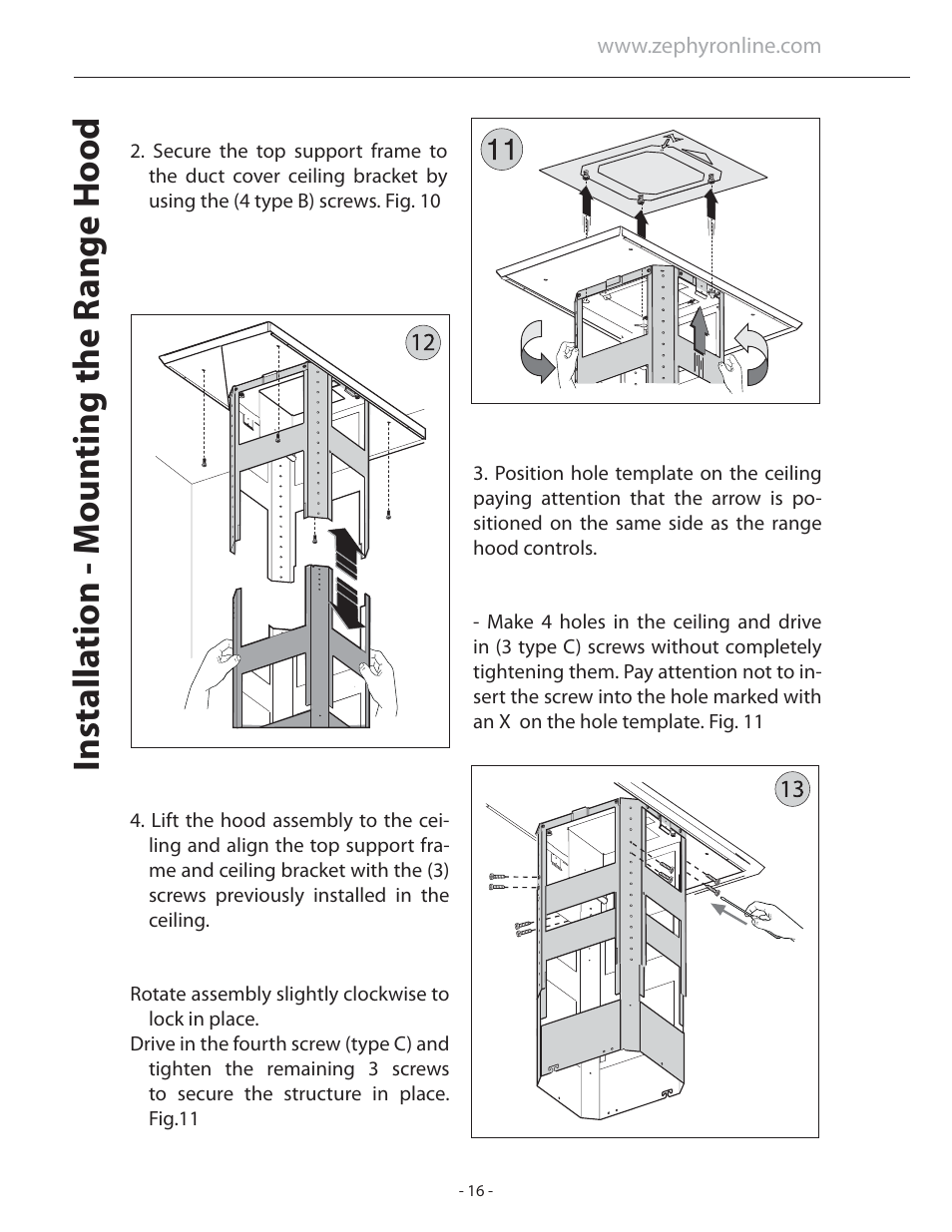 Installa tion - moun ting the r ange hood | Zephyr ASL-E42ASX User Manual | Page 16 / 23