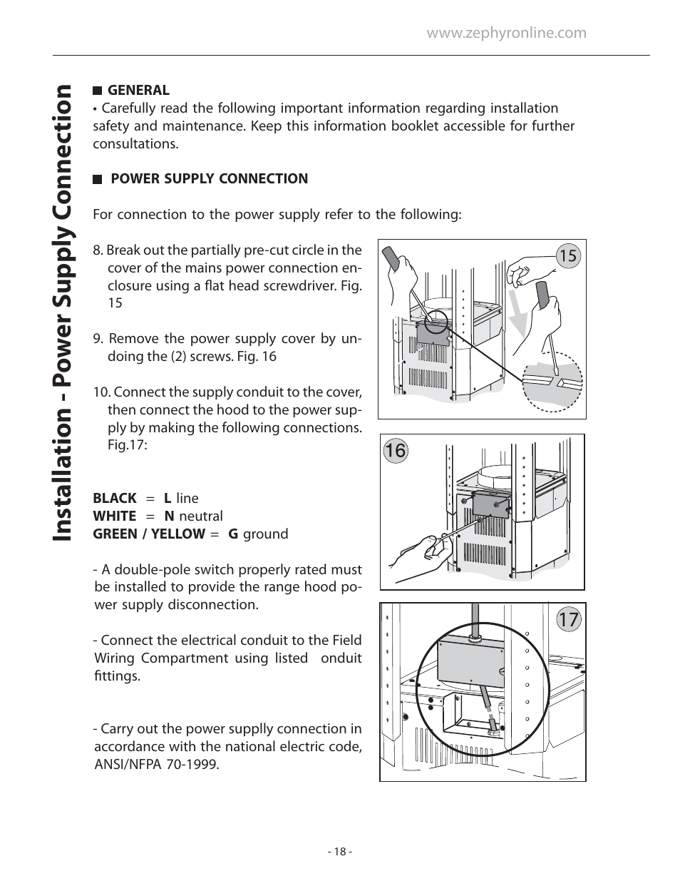 Installa tion - p o w er supply c onnec tion | Zephyr ASL-E42ASX User Manual | Page 18 / 23