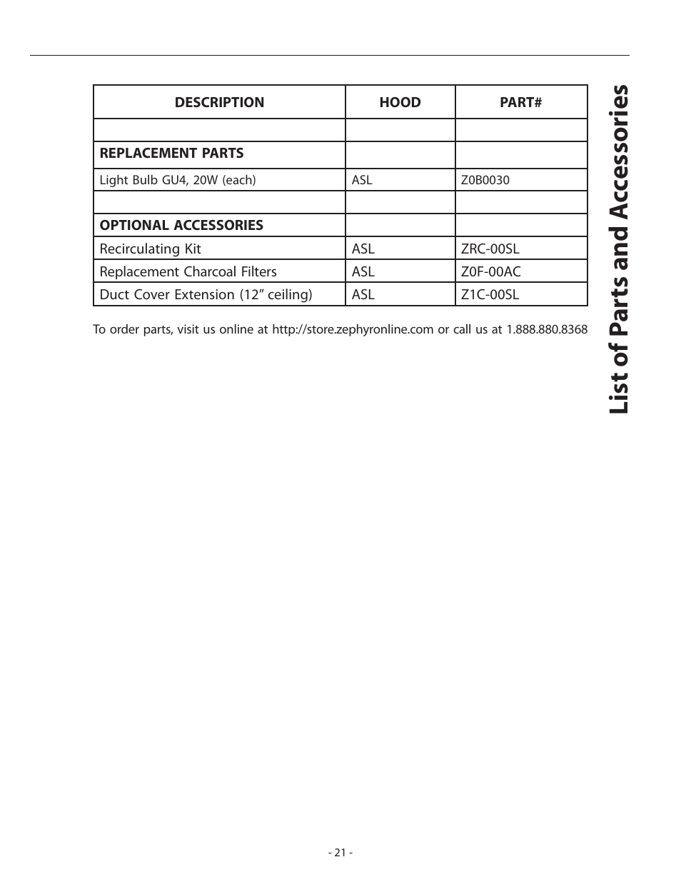 List of p a rts and a cc essories | Zephyr ASL-E42ASX User Manual | Page 21 / 23