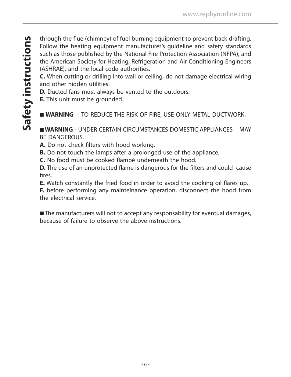 Sa fe ty instruc tions | Zephyr ASL-E42ASX User Manual | Page 6 / 23