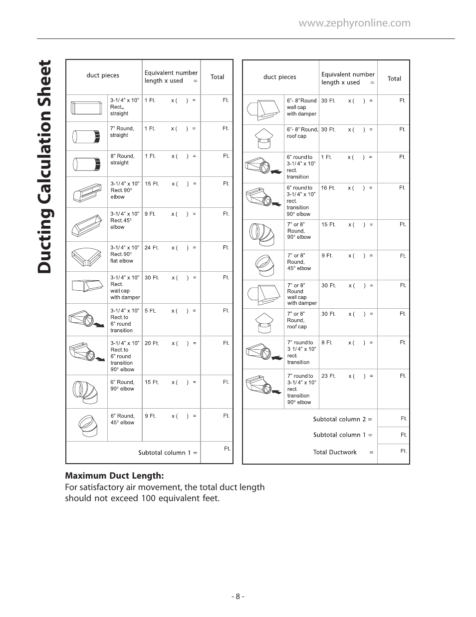 Duc ting c alcula tion sheet | Zephyr ASL-E42ASX User Manual | Page 8 / 23