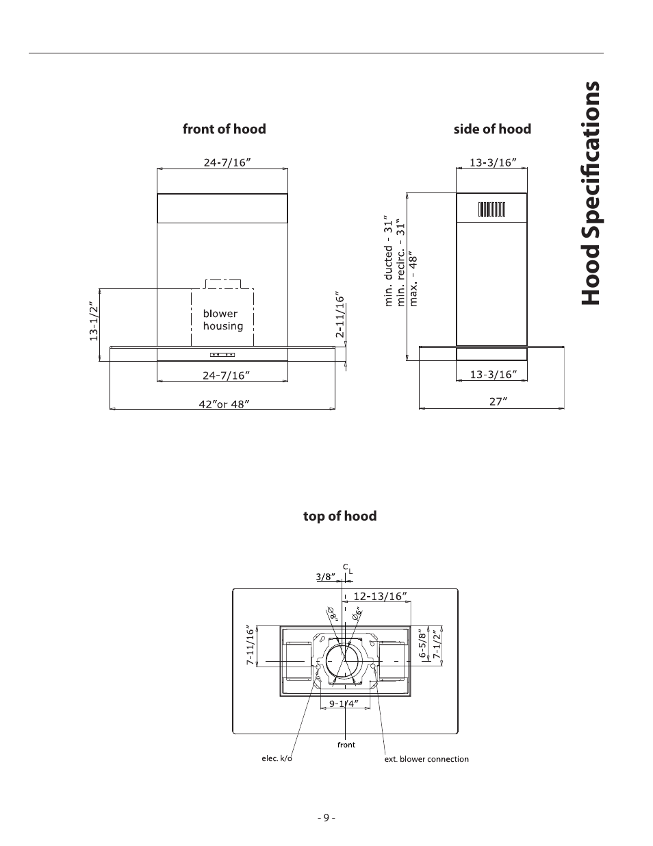 Hood specifi ca tions | Zephyr ASL-E42ASX User Manual | Page 9 / 23