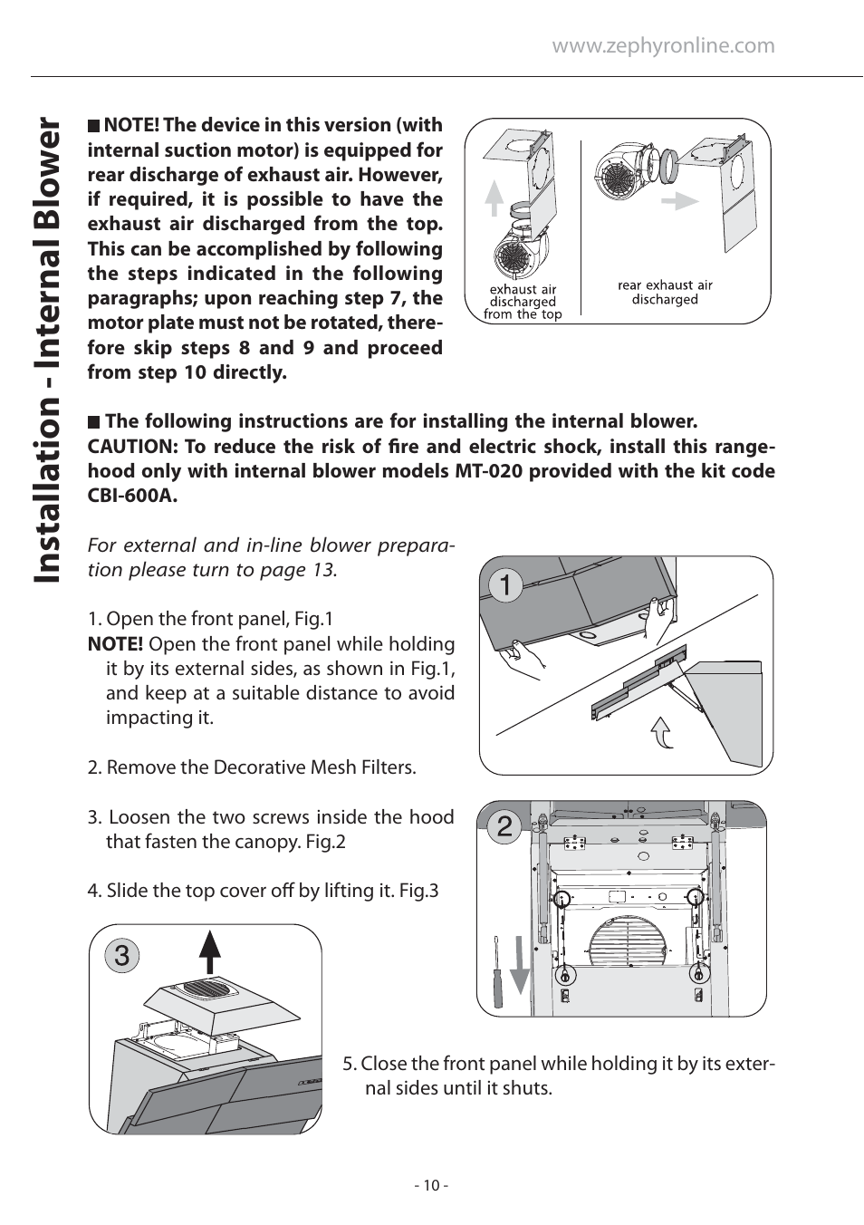 Installa tion - in ternal blo w e r | Zephyr ATI-M90ABX User Manual | Page 10 / 22
