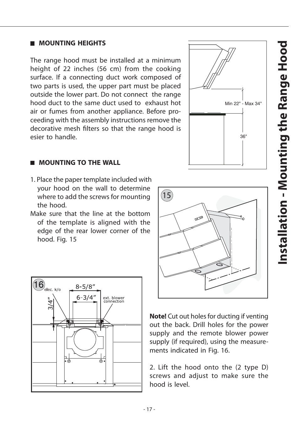 Installa tion - moun ting the r ange hood | Zephyr ATI-M90ABX User Manual | Page 17 / 22