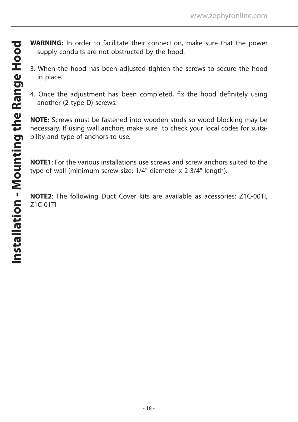 Installa tion - moun ting the r ange hood | Zephyr ATI-M90ABX User Manual | Page 18 / 22