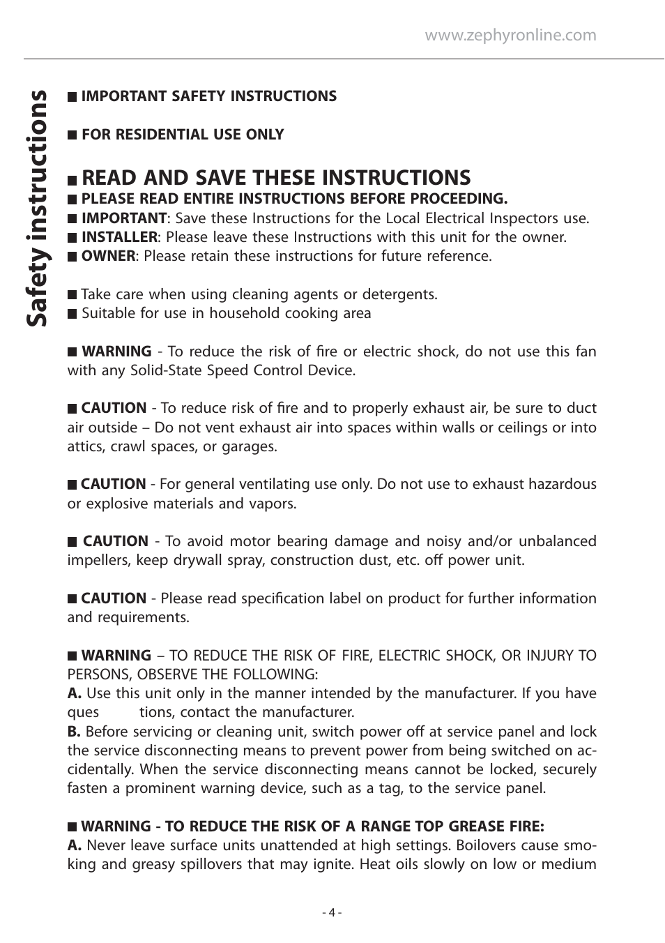 Sa fe ty instruc tions, Read and save these instructions | Zephyr ATI-M90ABX User Manual | Page 4 / 22