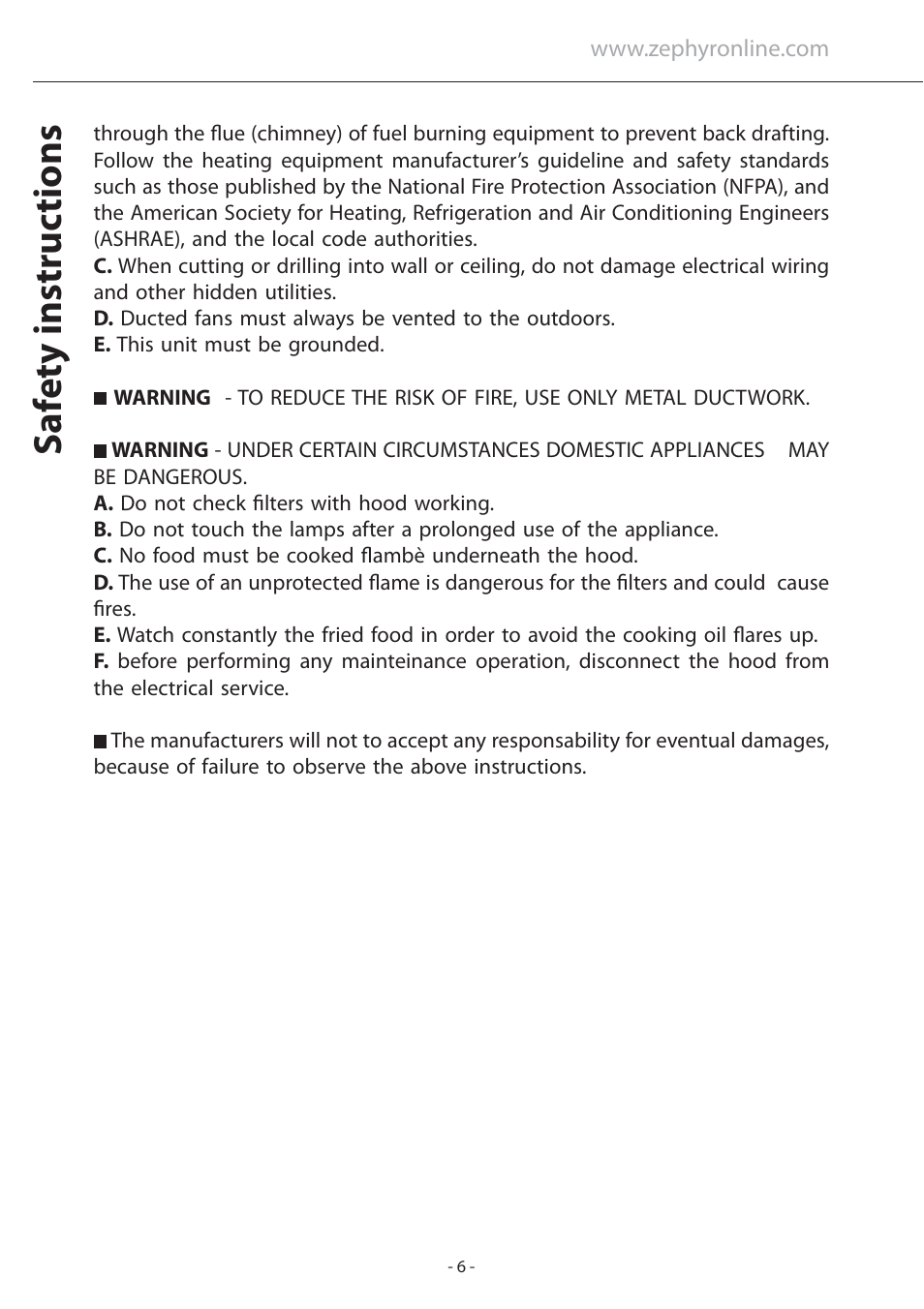 Sa fe ty instruc tions | Zephyr ATI-M90ABX User Manual | Page 6 / 22