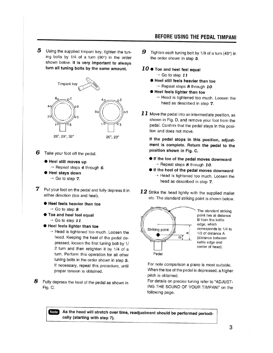 Heel still moves up, Heel feels heavier than toe, 10 • toe and heel feel equal | If the toe of the pedal moves downward | Yamaha Pedal Timpani TP-6223 User Manual | Page 5 / 12