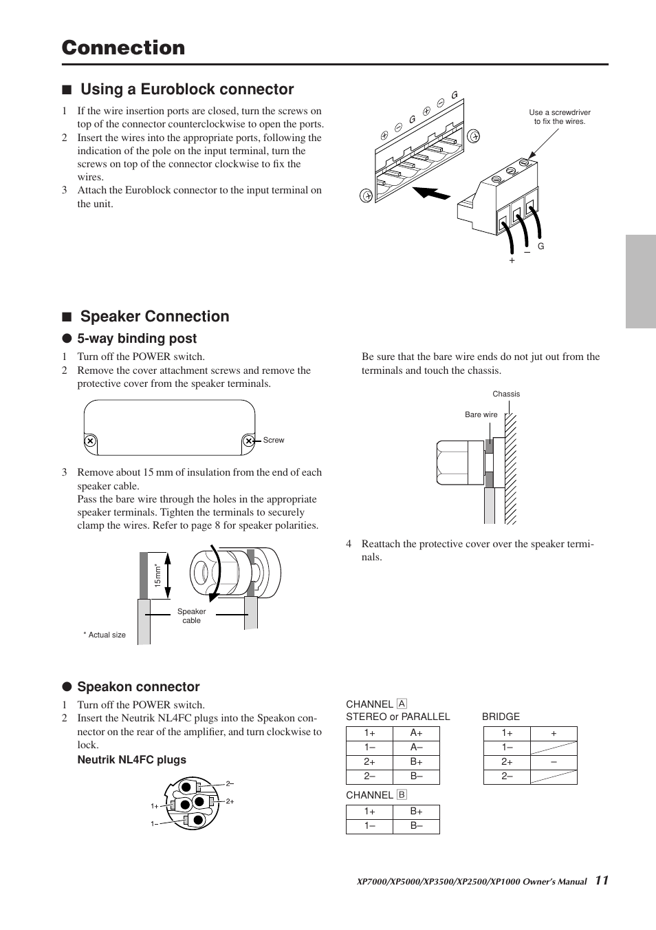 Connection, Using a euroblock connector, Speaker connection | Using a euroblock connector speaker connection, Way binding post, Speakon connector | Yamaha XP5000 User Manual | Page 11 / 20