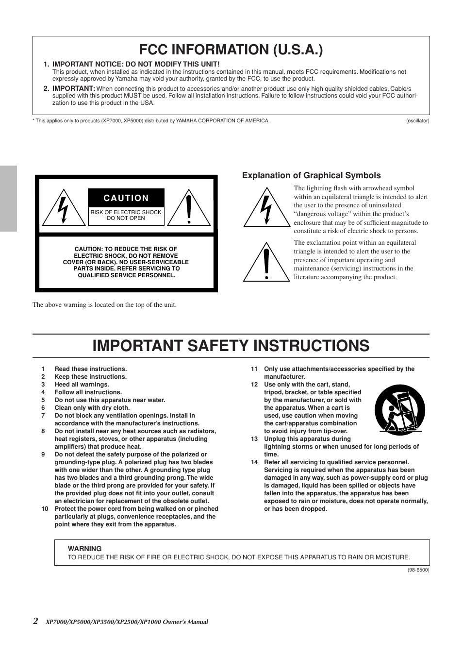 Important safety instructions, Fcc information (u.s.a.), Explanation of graphical symbols | Yamaha XP5000 User Manual | Page 2 / 20