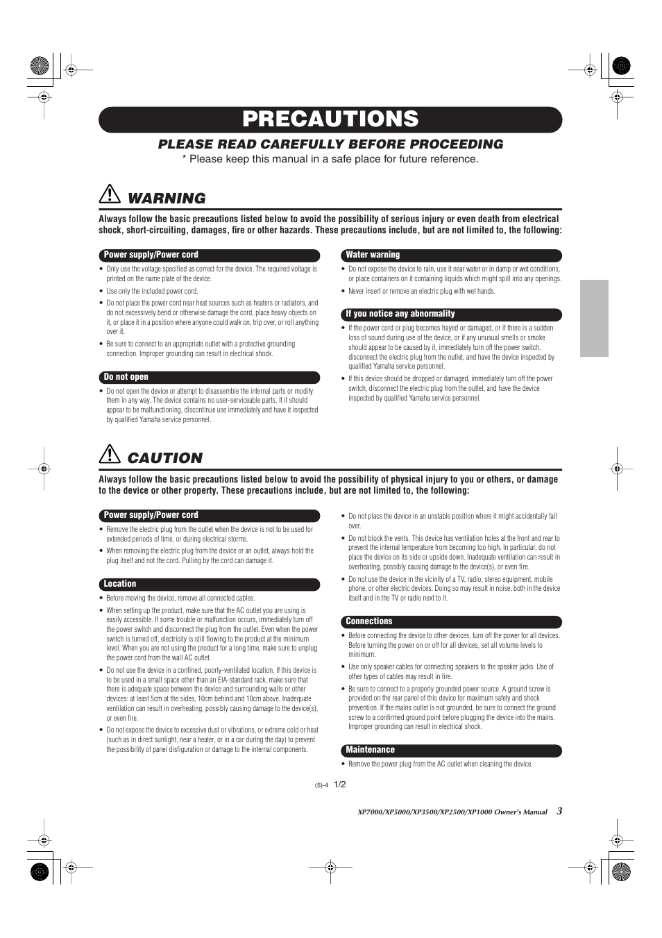 Precautions, Warning, Caution | Please read carefully before proceeding | Yamaha XP5000 User Manual | Page 3 / 20