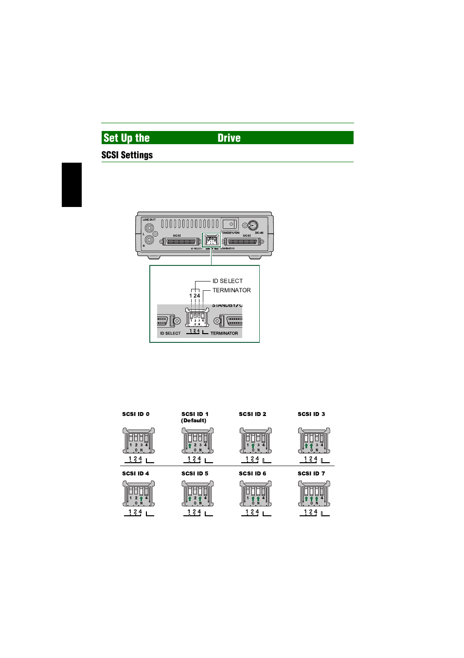 Set up the crw2200sx drive, Set up the, P. 12 | P. 12 – 17), Scsi settings, Scsi id number | Yamaha CRW2200SX User Manual | Page 21 / 47