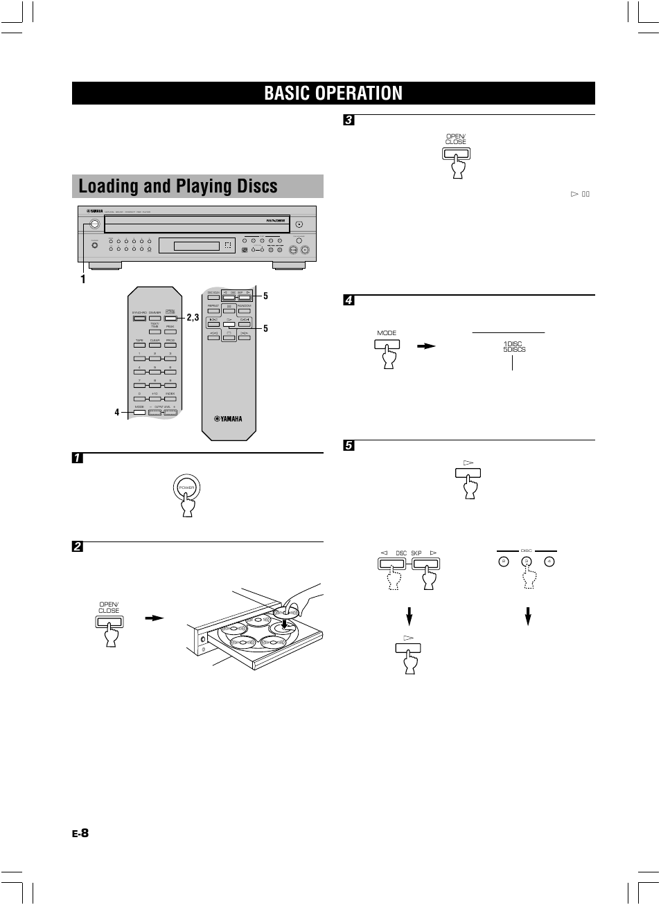 Playing cds, Basic operation, Loading and playing discs | Yamaha 506 User Manual | Page 12 / 28