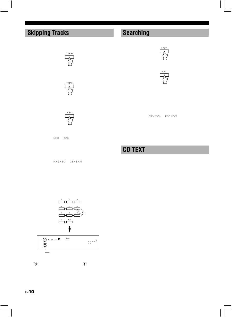 Skipping tracks, Searching, Cd text | Direct play, Example: to select track 25 | Yamaha 506 User Manual | Page 14 / 28