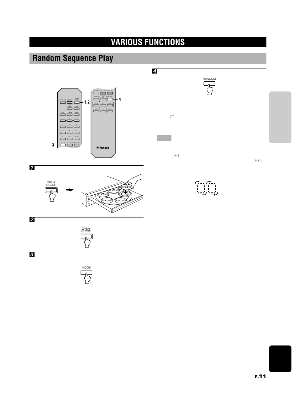 Various functions, Various functions random sequence play, 11 english pla ying cds | Load one or more discs, Close the disc tray | Yamaha 506 User Manual | Page 15 / 28