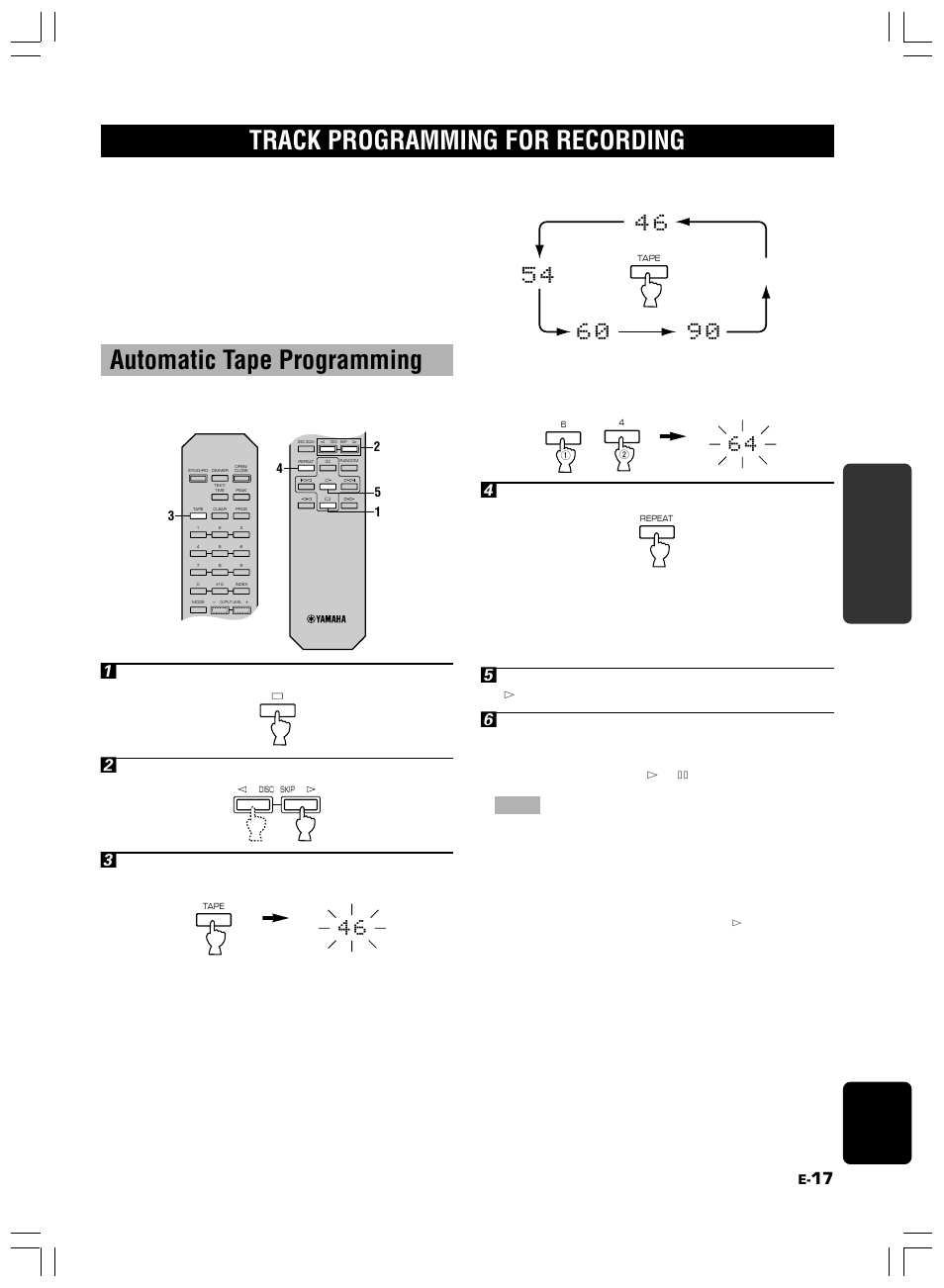 Track programming for recording, Automatic tape programming, 17 english functions for recording | Yamaha 506 User Manual | Page 21 / 28