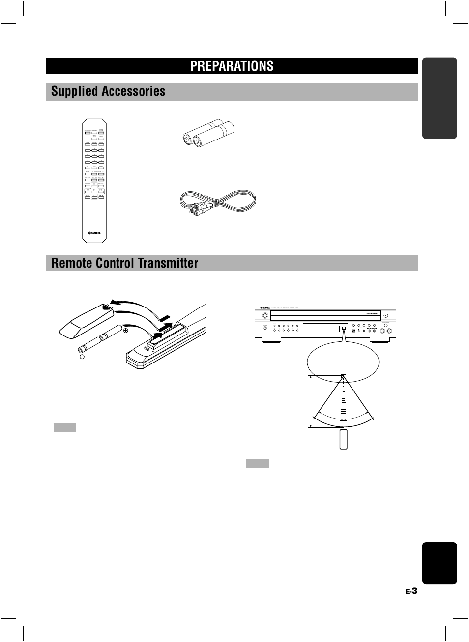 Preparations, Battery installation ■ battery replacement, Remote control transmitter opera- tion range | 3english getting st ar ted | Yamaha 506 User Manual | Page 7 / 28