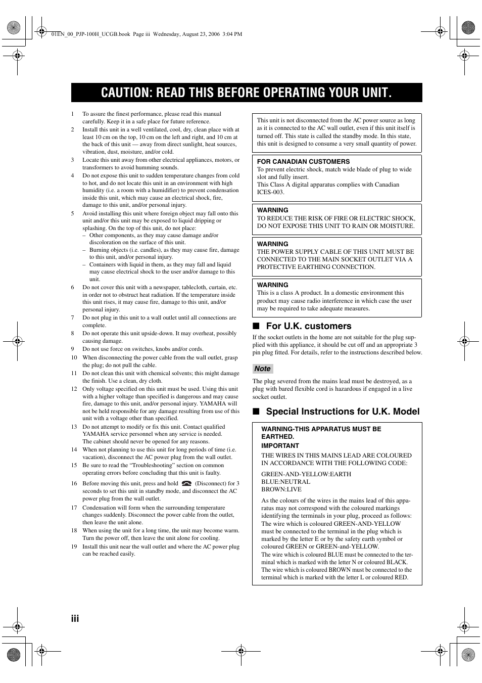 Caution: read this before operating your unit, For u.k. customers, Special instructions for u.k. model | Yamaha PJP-100H User Manual | Page 4 / 59