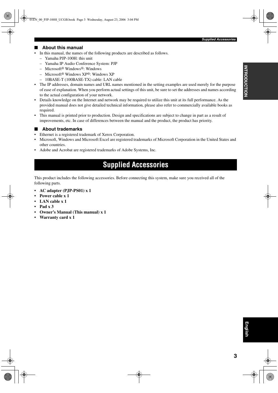 Supplied accessories | Yamaha PJP-100H User Manual | Page 7 / 59