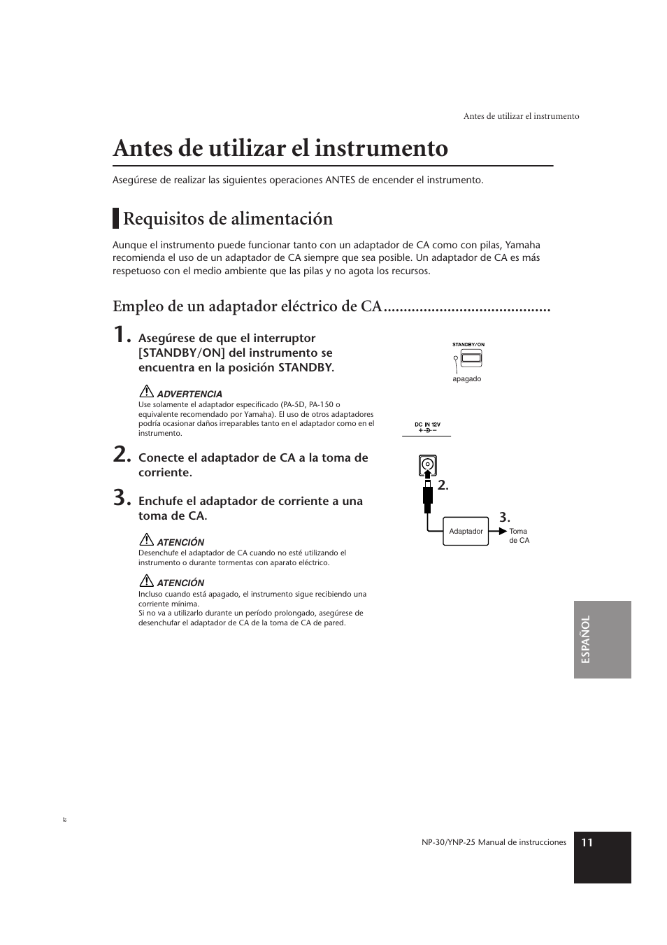 Antes de utilizar el instrumento, Requisitos de alimentación, Empleo de un adaptador eléctrico de ca | Yamaha YNP-25 User Manual | Page 10 / 37