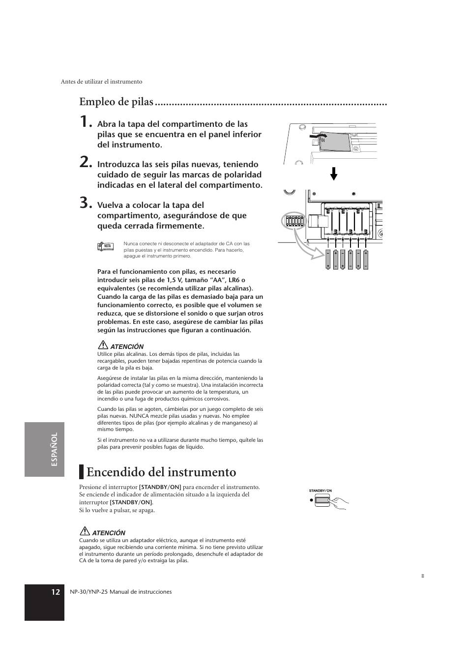 Encendido del instrumento, Empleo de pilas | Yamaha YNP-25 User Manual | Page 11 / 37