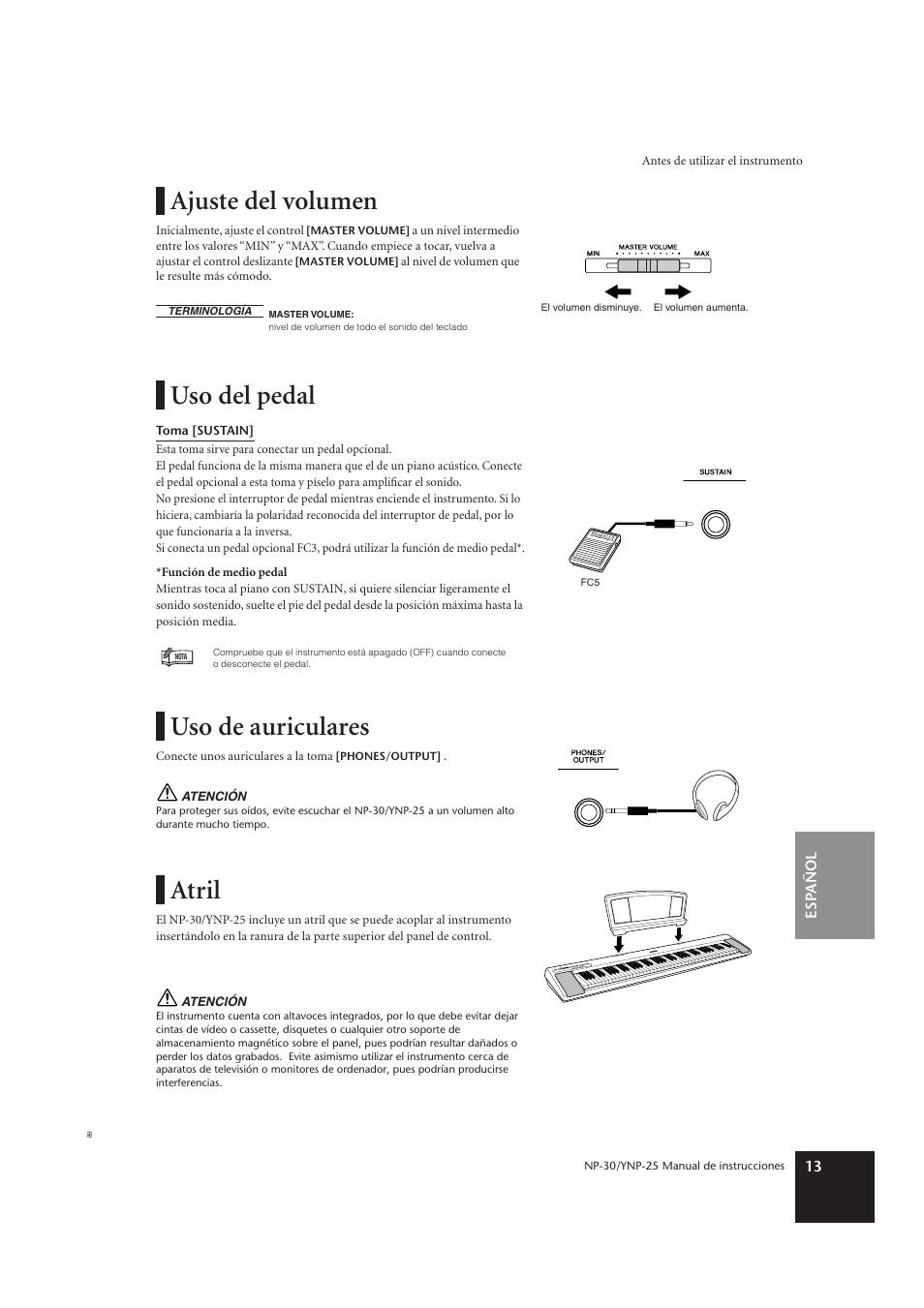 Ajuste del volumen, Uso del pedal, Uso de auriculares | Atril | Yamaha YNP-25 User Manual | Page 12 / 37