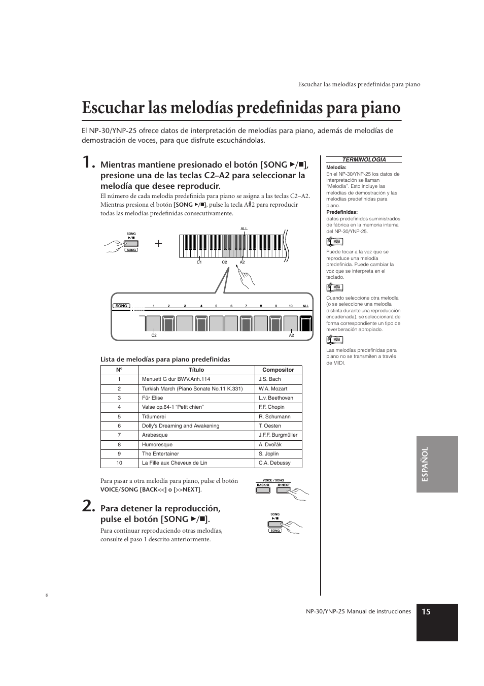 Escuchar las melodías predefinidas para piano | Yamaha YNP-25 User Manual | Page 14 / 37