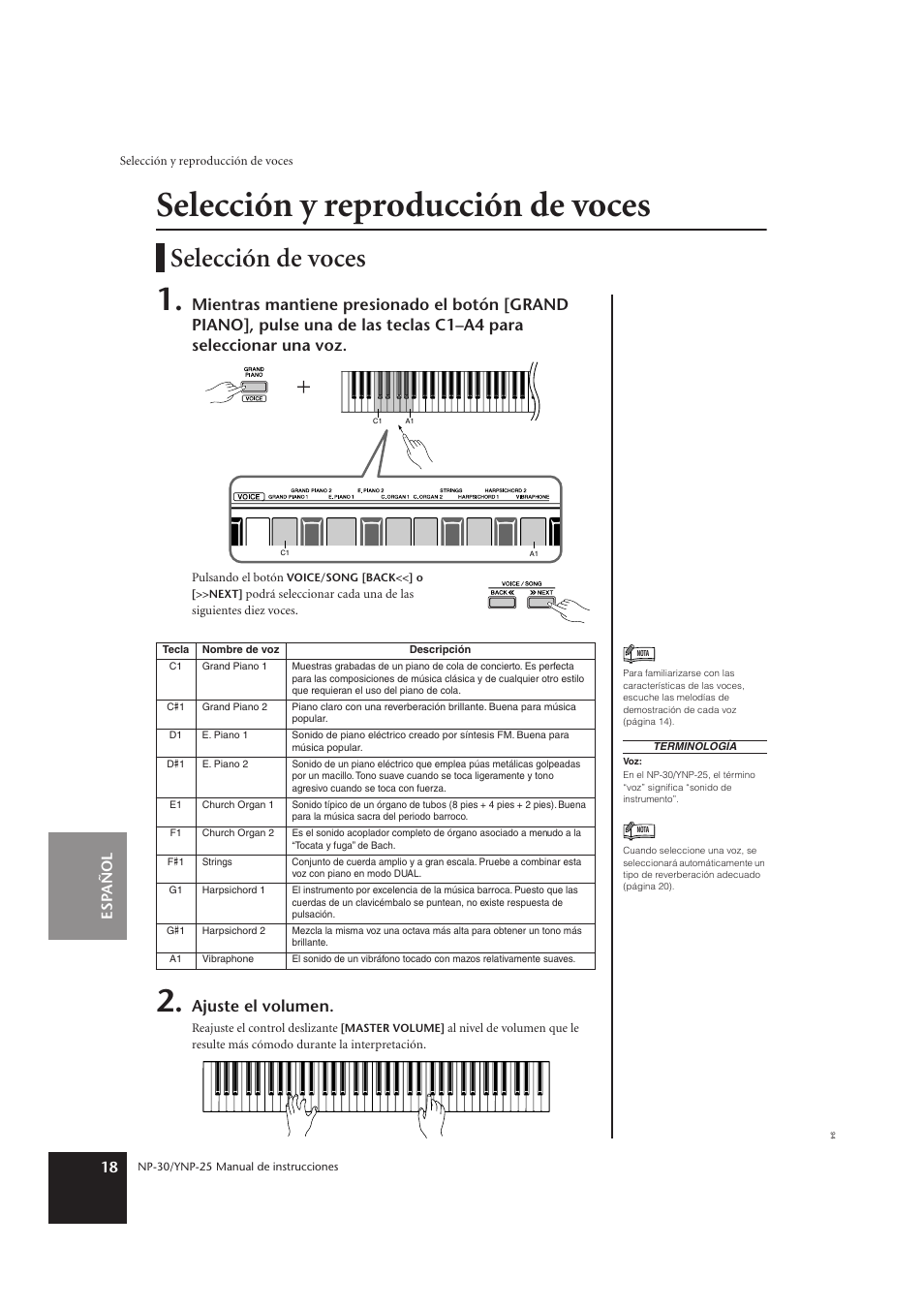 Selección y reproducción de voces, Selección de voces, Ajuste el volumen | Yamaha YNP-25 User Manual | Page 17 / 37