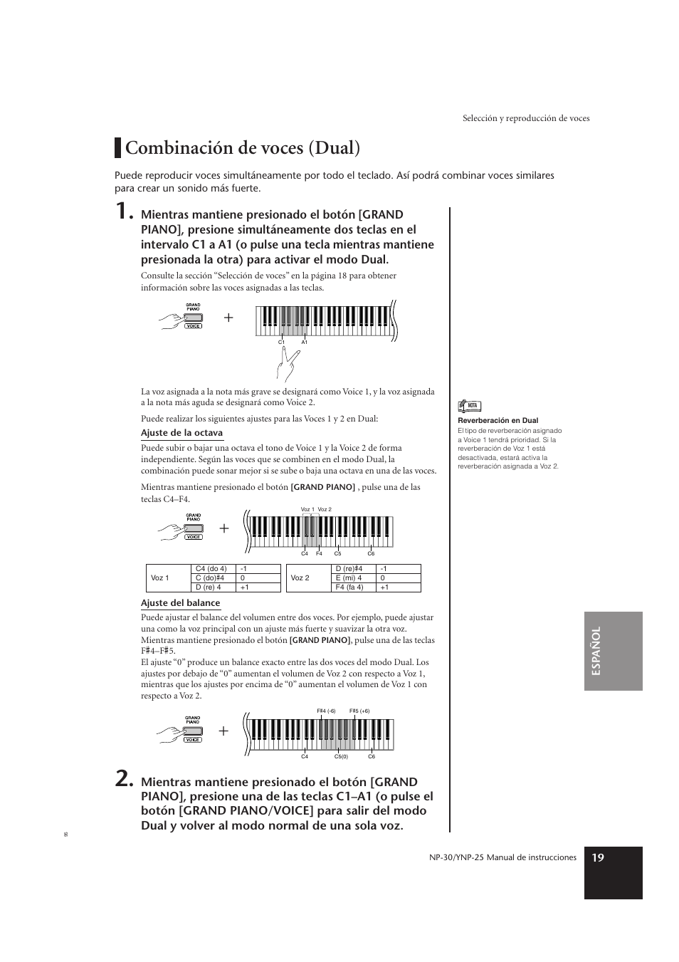 Combinación de voces (dual), Esp añol 19 | Yamaha YNP-25 User Manual | Page 18 / 37