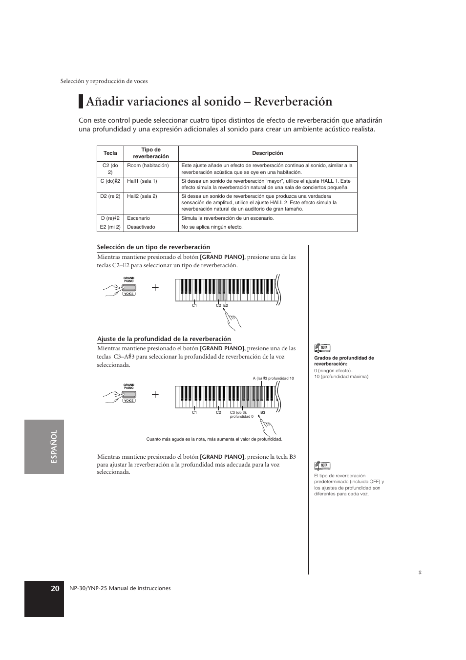 Añadir variaciones al sonido - reverberación, Añadir variaciones al sonido – reverberación, Esp añol 20 | Yamaha YNP-25 User Manual | Page 19 / 37