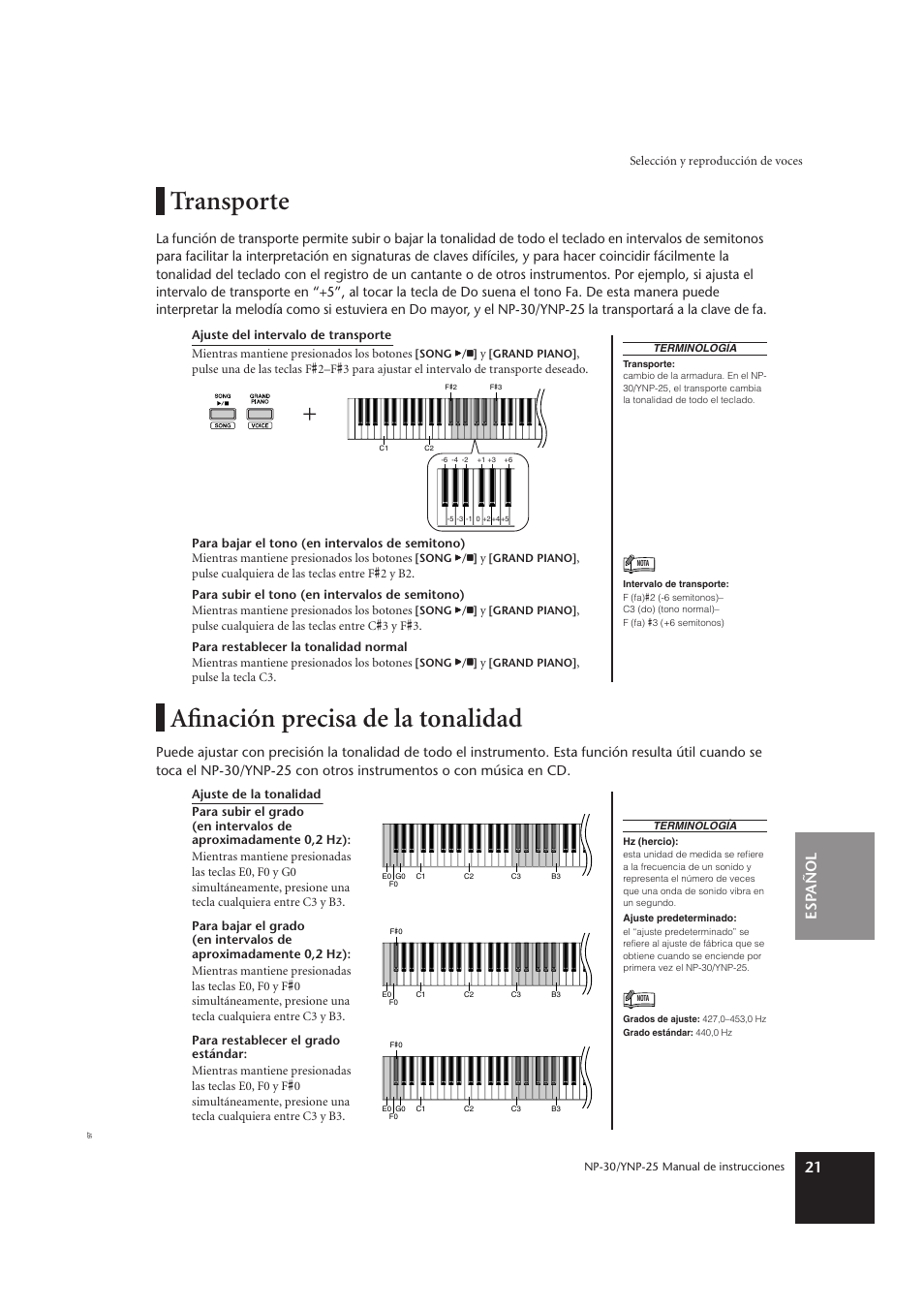 Transporte, Afinación precisa de la tonalidad, Transporte afinación precisa de la tonalidad | Esp añol 21 | Yamaha YNP-25 User Manual | Page 20 / 37