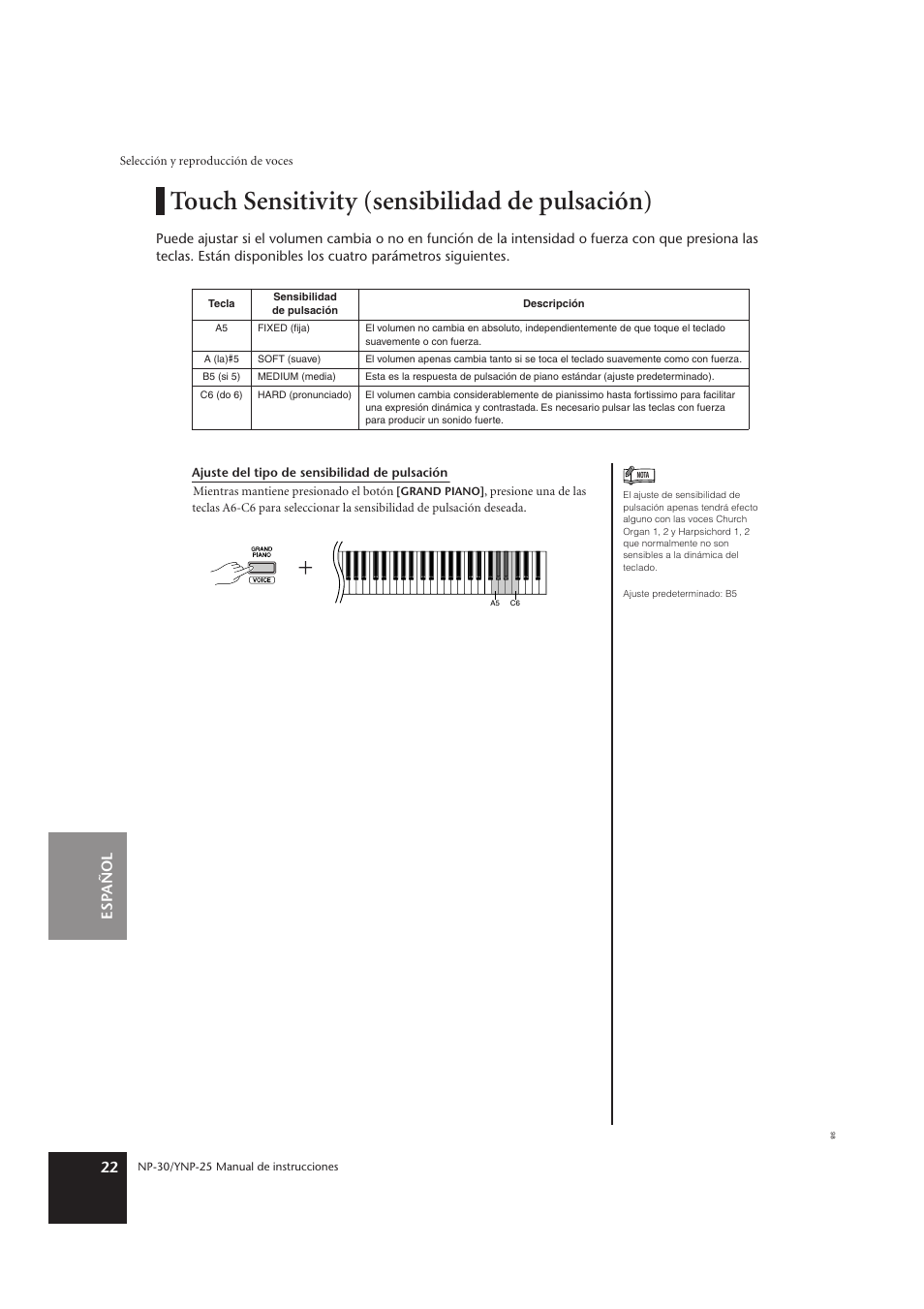 Touch sensitivity (sensibilidad de pulsación), Esp añol 22 | Yamaha YNP-25 User Manual | Page 21 / 37