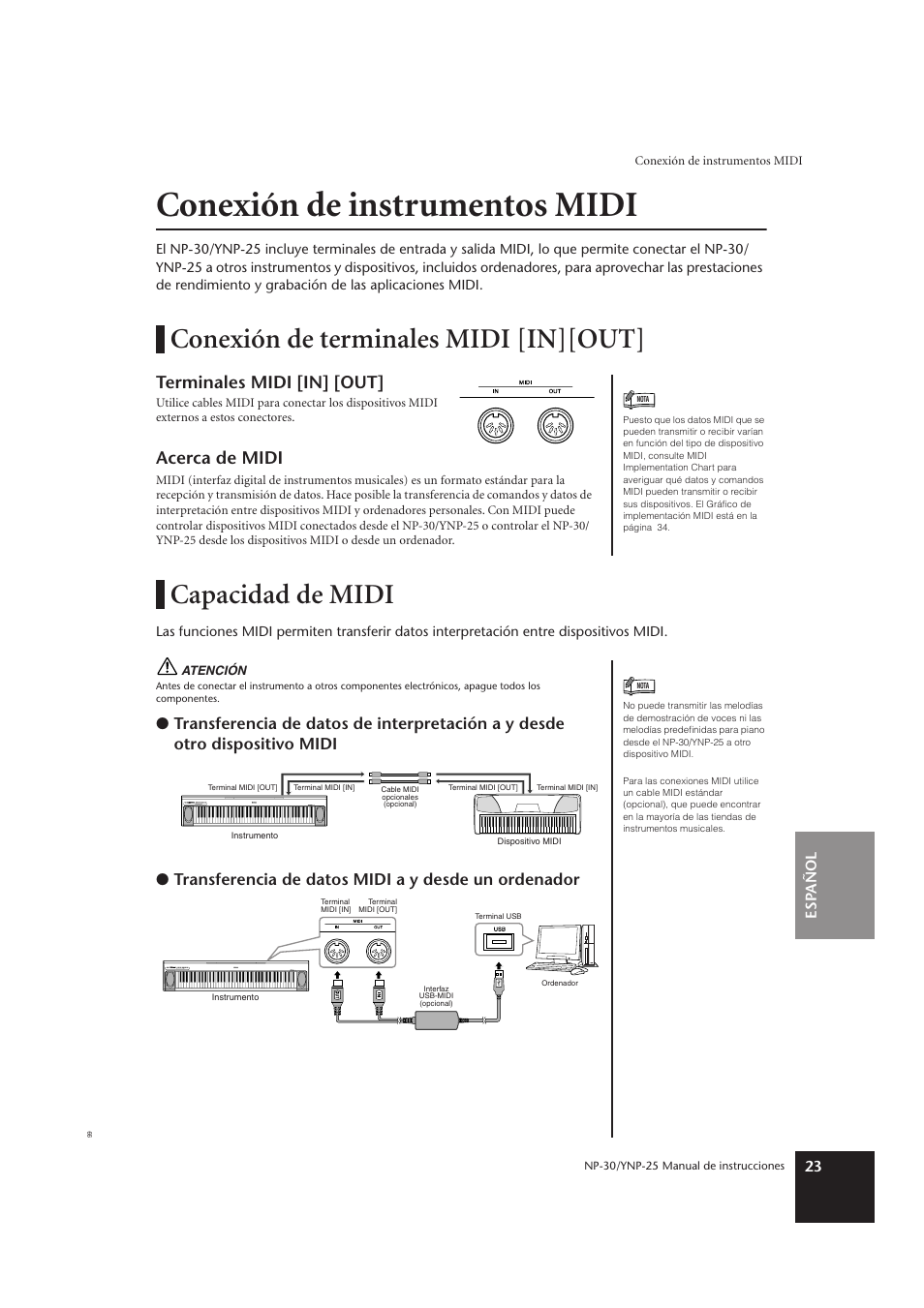 Conexión de instrumentos midi, Conexión de terminales midi [in][out, Capacidad de midi | Terminales midi [in] [out, Acerca de midi | Yamaha YNP-25 User Manual | Page 22 / 37