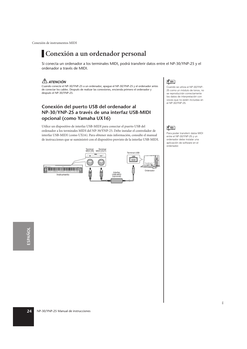 Conexión a un ordenador personal, Esp añol 24 | Yamaha YNP-25 User Manual | Page 23 / 37