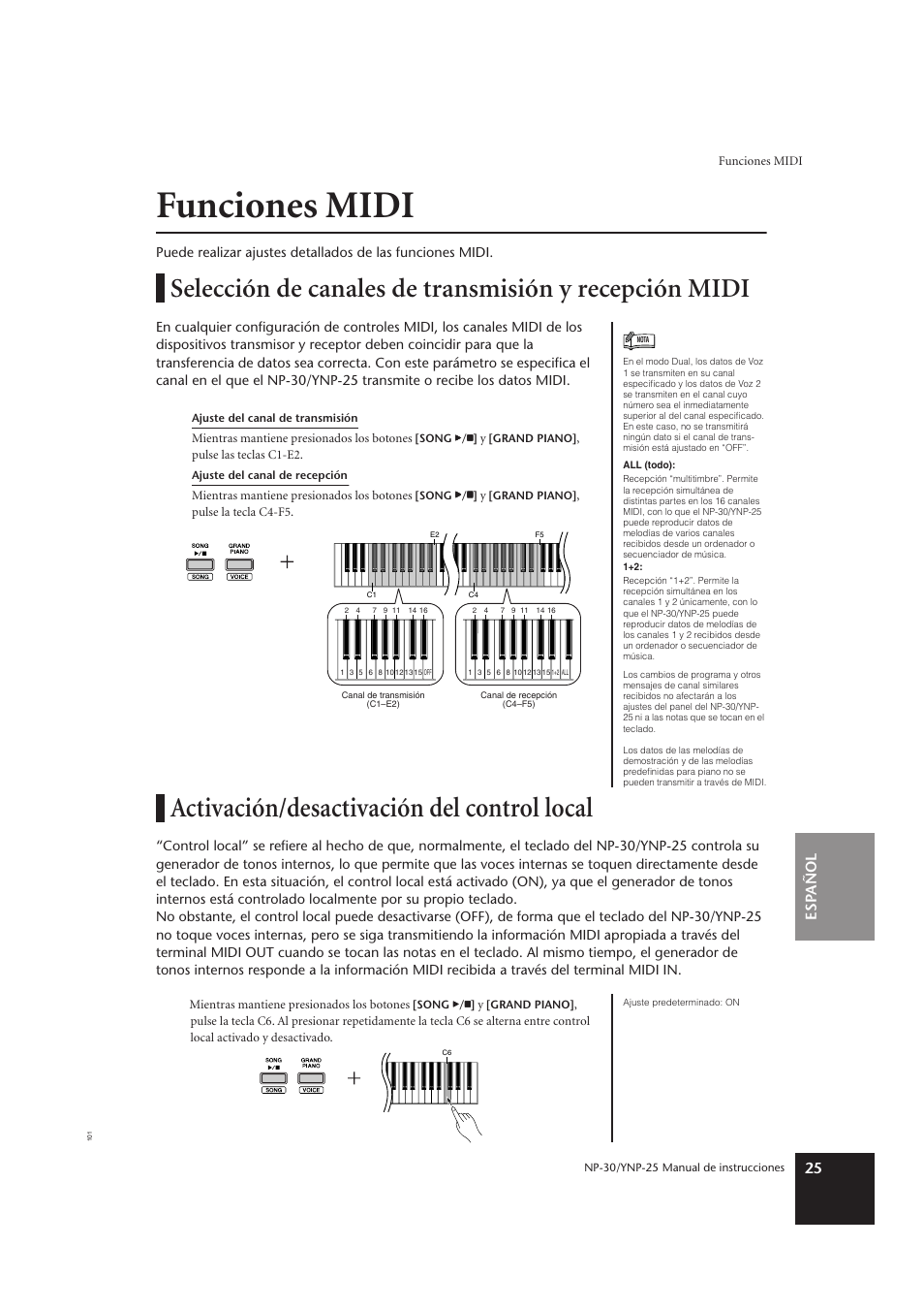 Funciones midi, Activación/desactivación del control local, Esp añol 25 | Yamaha YNP-25 User Manual | Page 24 / 37