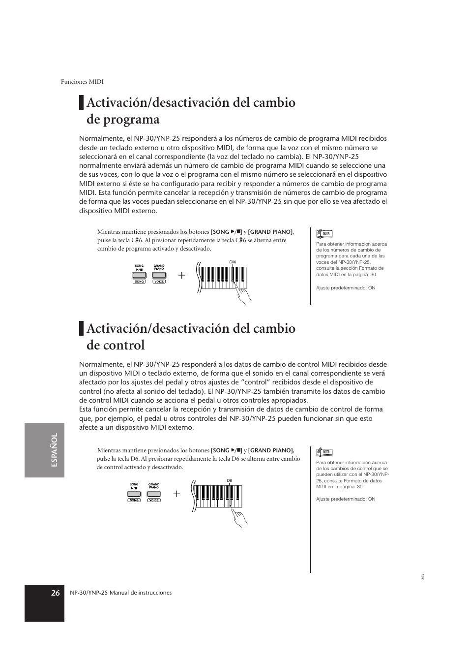 Activación/desactivación del cambio de programa, Activación/desactivación del cambio de control | Yamaha YNP-25 User Manual | Page 25 / 37