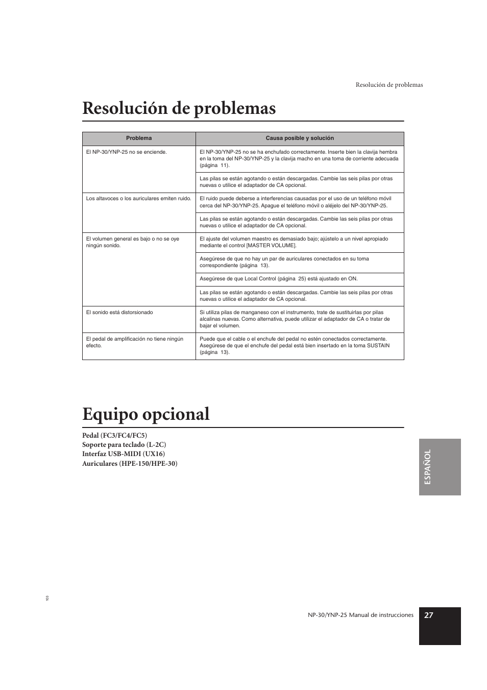 Resolución de problemas, Equipo opcional, Resolución de problemas equipo opcional | Yamaha YNP-25 User Manual | Page 26 / 37