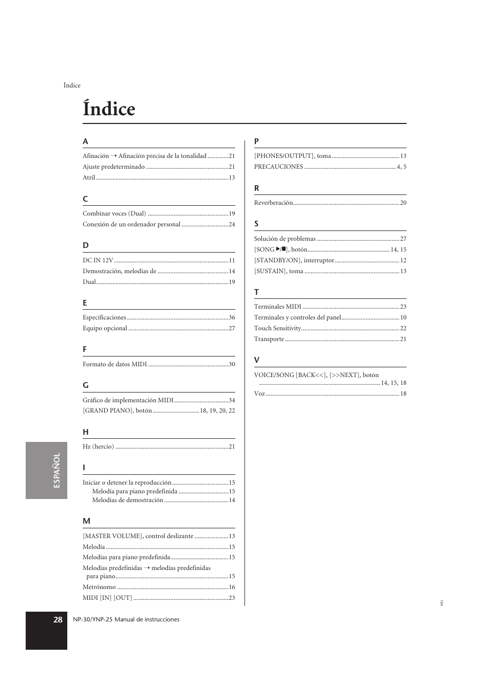 Índice | Yamaha YNP-25 User Manual | Page 27 / 37