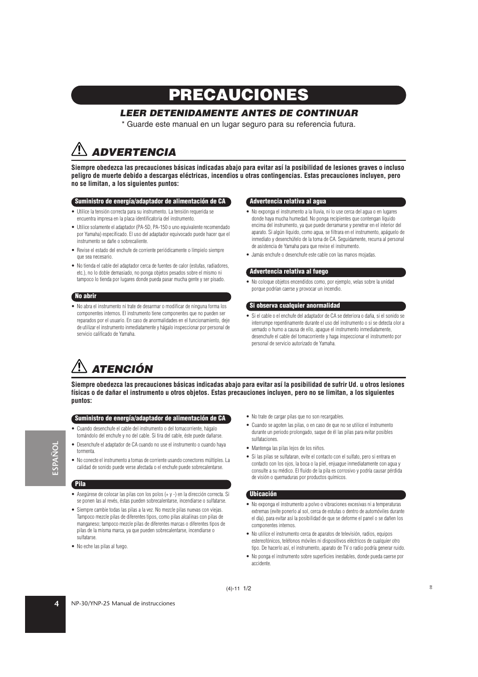 Precauciones, Advertencia, Atención | Leer detenidamente antes de continuar | Yamaha YNP-25 User Manual | Page 3 / 37