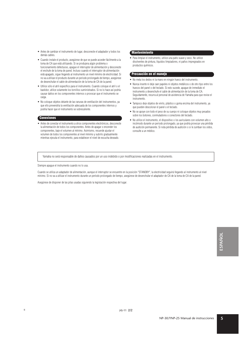Esp añol 5 | Yamaha YNP-25 User Manual | Page 4 / 37