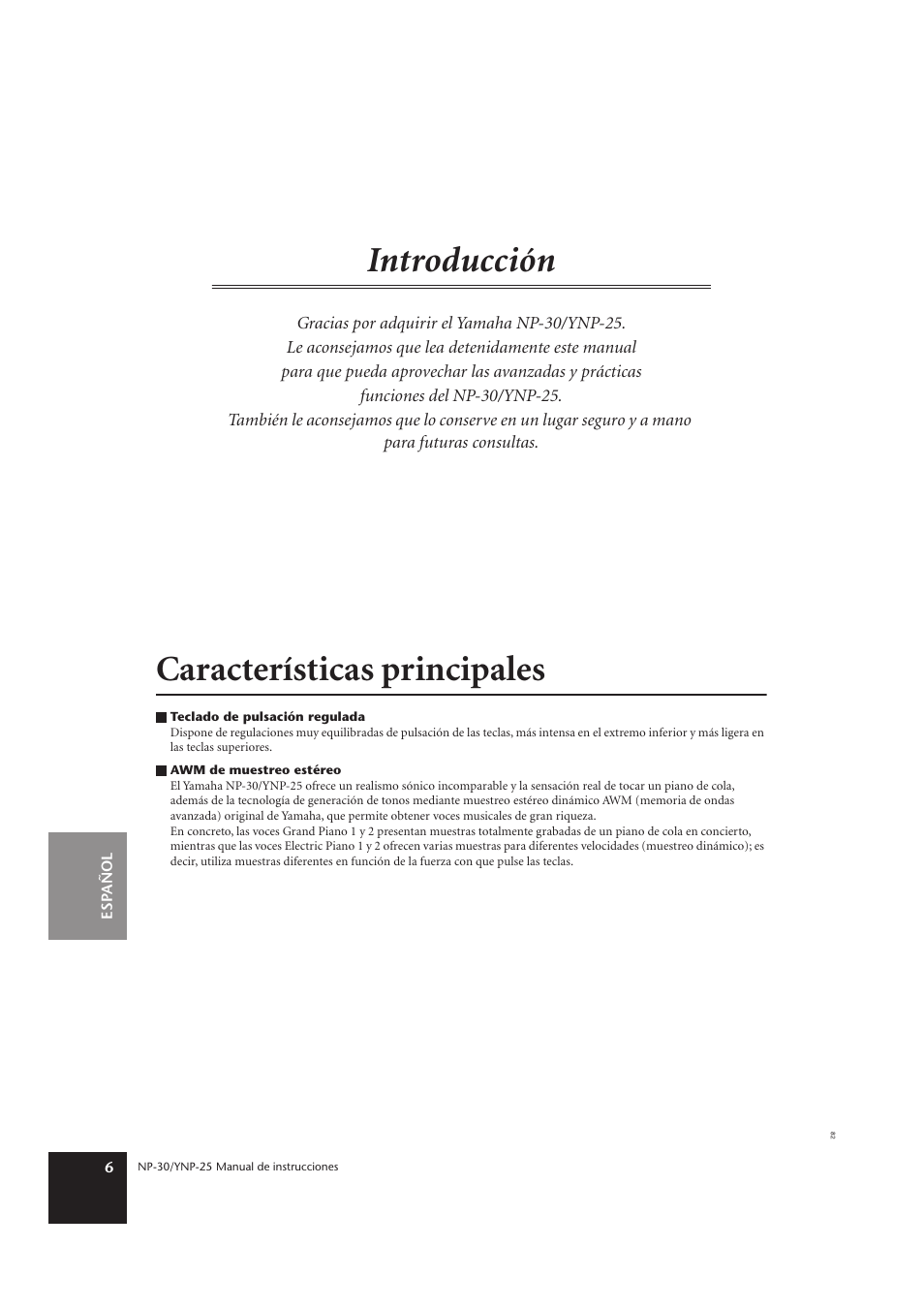 Introducción, Características principales | Yamaha YNP-25 User Manual | Page 5 / 37
