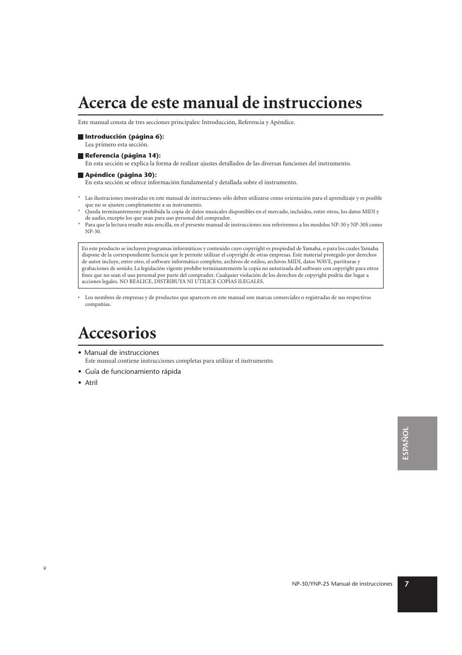 Acerca de este manual de instrucciones, Accesorios | Yamaha YNP-25 User Manual | Page 6 / 37