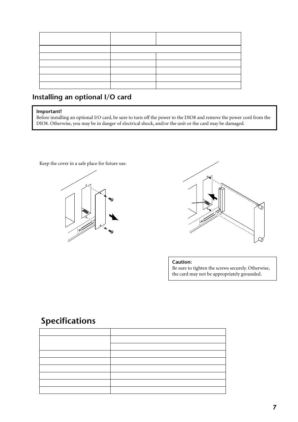 Specifications, Installing an optional i/o card | Yamaha DIO8 User Manual | Page 7 / 9