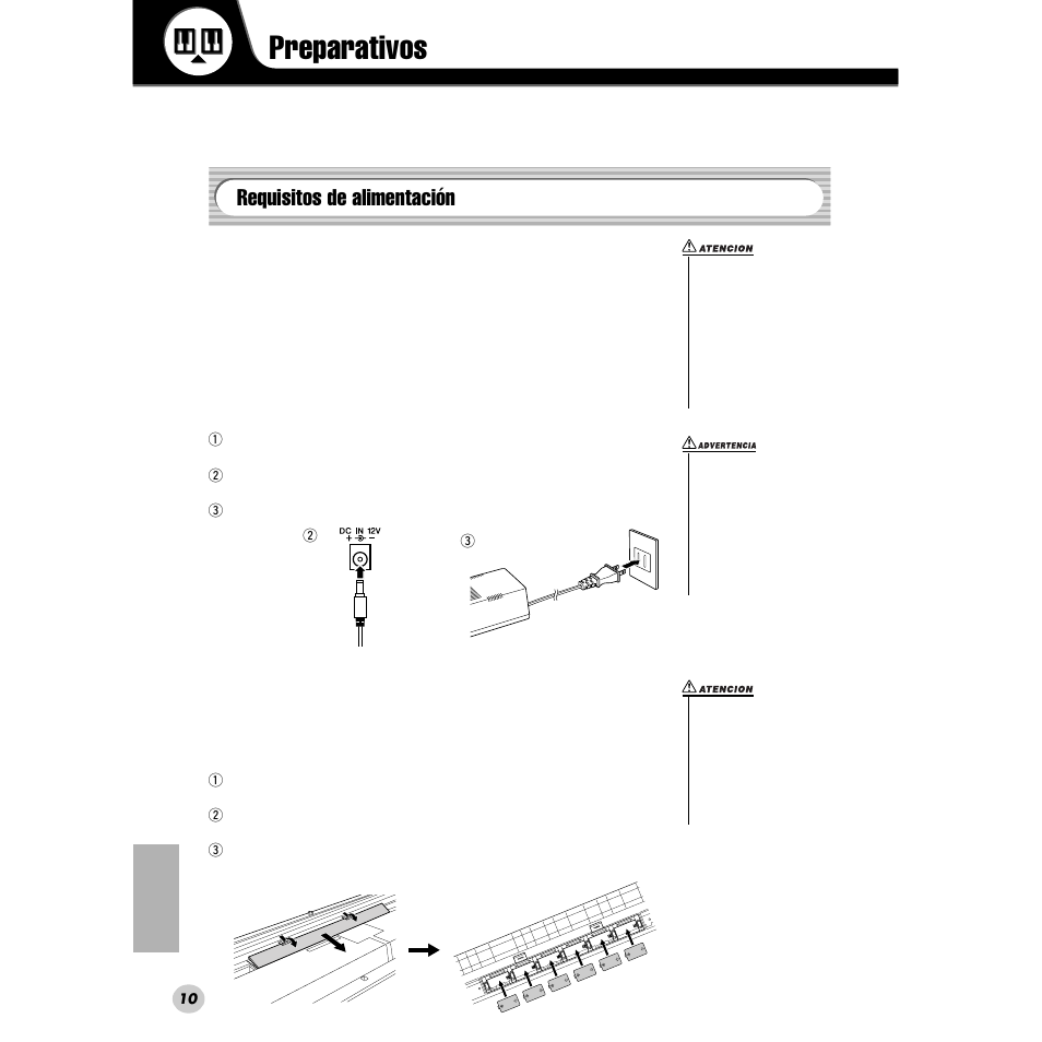 Preparativos, Requisitos de alimentación | Yamaha PORTABLE GRAND DGX-200 User Manual | Page 10 / 100