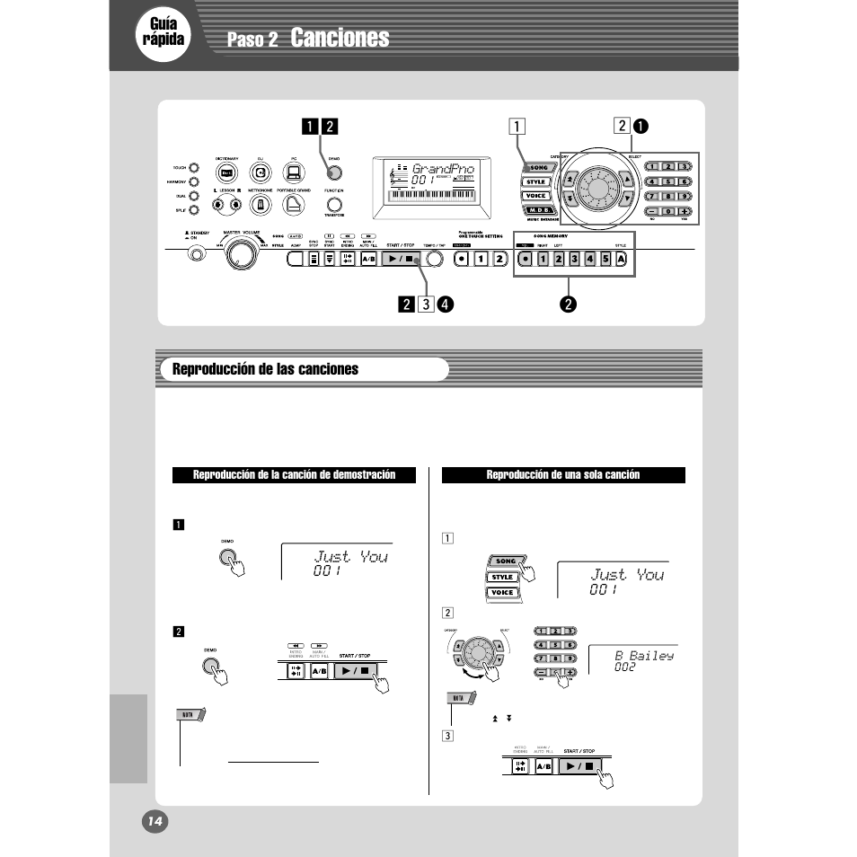 Paso 2 canciones, Canciones, Paso 2 | Guía rápida, Zx z x, Wxcr, Reproducción de las canciones, Just you | Yamaha PORTABLE GRAND DGX-200 User Manual | Page 14 / 100