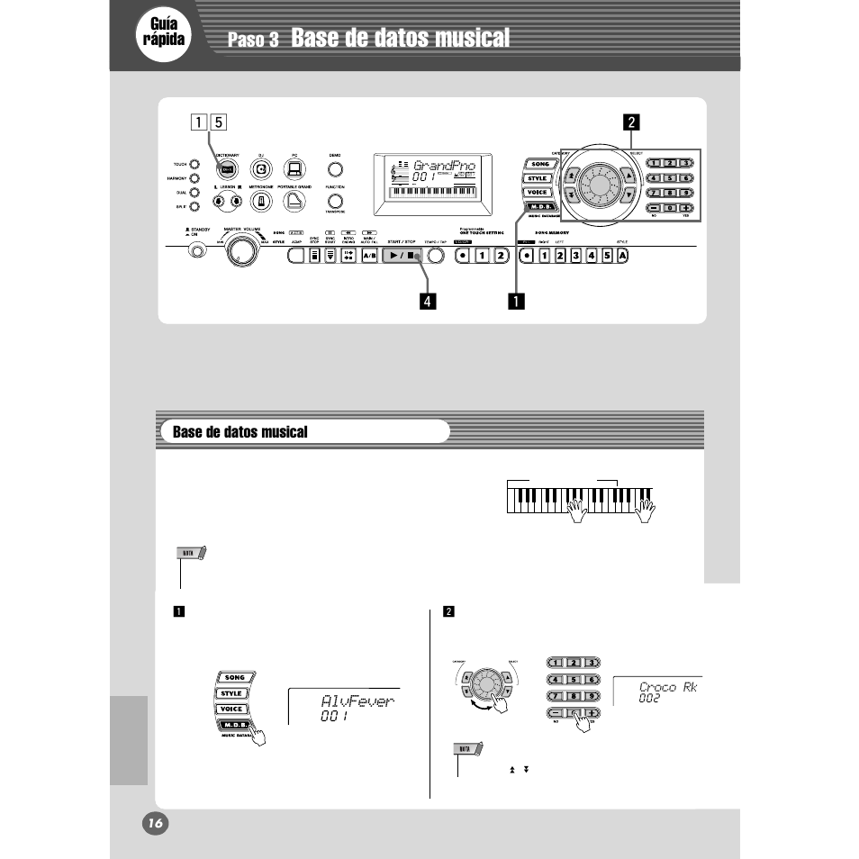 Paso 3 base de datos musical, Base de datos musical, Paso 3 | Guía rápida, Xz b v z, Alvfever | Yamaha PORTABLE GRAND DGX-200 User Manual | Page 16 / 100