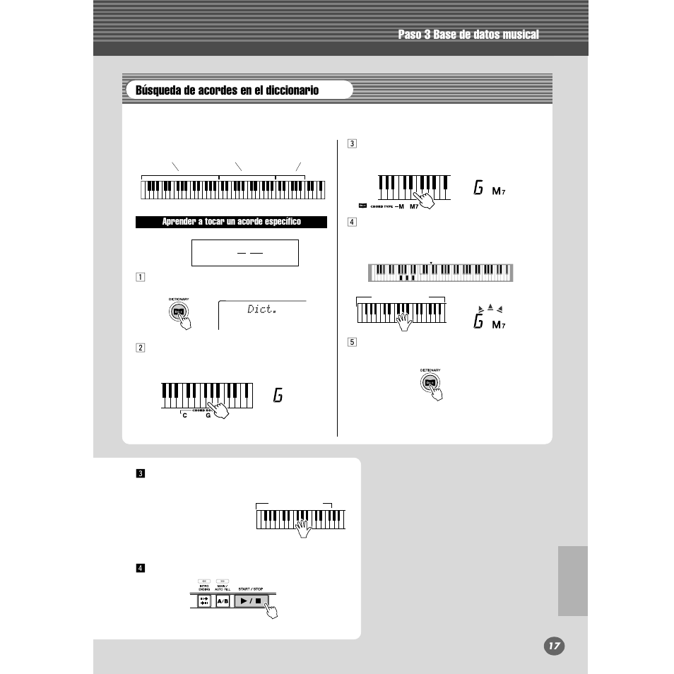 Paso 3 base de datos musical, Búsqueda de acordes en el diccionario | Yamaha PORTABLE GRAND DGX-200 User Manual | Page 17 / 100